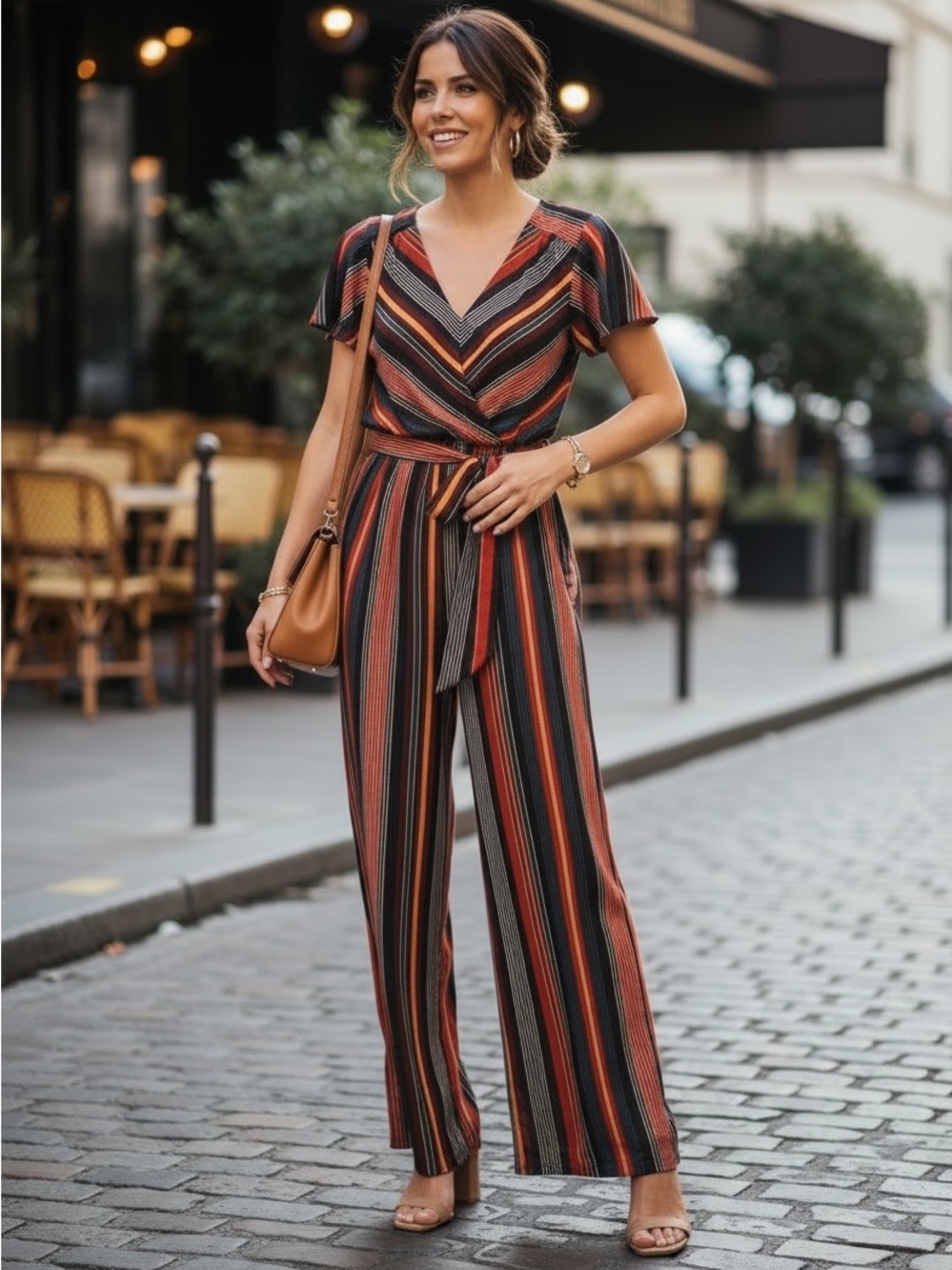 Maurices Striped Wide Leg Jumpsuit Women’s Medium Tie Waist Flutter Sleeve
